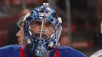 PHILADELPHIA, PA - APRIL 07: Henrik Lundqvist #30 of the New York Rangers skates against the Philadelphia Flyers at the Wells Fargo Center on April 7, 2018 in Philadelphia, Pennsylvania. The Flyers shut out the Rangers 5-0. (Photo by Bruce Bennett/Getty Images)