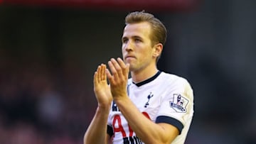 LIVERPOOL, ENGLAND - APRIL 02: Harry Kane of Tottenham Hotspur applauds the away supporters after his team's 1-1 draw in the Barclays Premier League match between Liverpool and Tottenham Hotspur at Anfield on April 2, 2016 in Liverpool, England. (Photo by Alex Livesey/Getty Images)