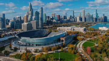 CHICAGO, ILLINOIS - NOVEMBER 01: In this drone image, a general view of Soldier Field with the Chicago skyline before a game between the New Orleans Saints and the Chicago Bears at Soldier Field on November 01, 2020 in Chicago, Illinois. (Photo by Quinn Harris/Getty Images)