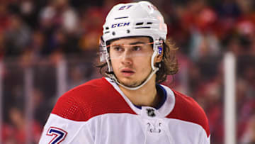 CALGARY, AB - MARCH 3: Alexander Romanov #27 of the Montreal Canadiens in action against the Calgary Flames during an NHL game at Scotiabank Saddledome on March 3, 2022 in Calgary, Alberta, Canada. (Photo by Derek Leung/Getty Images)