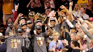 Jun 19, 2016; Oakland, CA, USA; Cleveland Cavaliers forward LeBron James (23) and the Cleveland Cavaliers celebrate after beating the Golden State Warriors in game seven of the NBA Finals at Oracle Arena. Mandatory Credit: Kelley L Cox-USA TODAY Sports