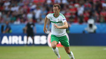 PARIS, FRANCE - JUNE 25: Jonny Evans of Northern Ireland in action during the UEFA EURO 2016 round of 16 match between Wales and Northern Ireland at Parc des Princes on June 25, 2016 in Paris, France. (Photo by Jean Catuffe/Getty Images)