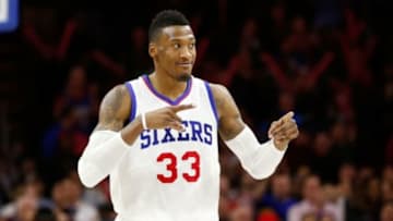 Jan 5, 2015; Philadelphia, PA, USA; Philadelphia 76ers forward Robert Covington (33) reacts after hitting a jump shot against the Cleveland Cavaliers during the second half at Wells Fargo Center. The 76ers defeated the Cavaliers 95-92. Mandatory Credit: Bill Streicher-USA TODAY Sports
