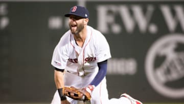 BOSTON, MA - APRIL 11: Dustin Pedroia #15 of the Boston Red Sox reacts after missing the ball in the fifth inning at Fenway Park on April 11, 2019 in Boston, Massachusetts. (Photo by Kathryn Riley /Getty Images)