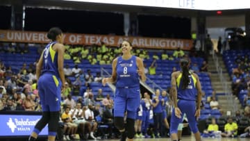ARLINGTON, TX - JULY 17: Elizabeth Cambage #8 of the Dallas Wings reacts to a play against the New York Liberty on July 17, 2018 at College Park Center in Arlington, Texas. NOTE TO USER: User expressly acknowledges and agrees that, by downloading and/or using this photograph, user is consenting to the terms and conditions of the Getty Images License Agreement. Mandatory Copyright Notice: Copyright 2018 NBAE (Photos by Tim Heitman/NBAE via Getty Images)