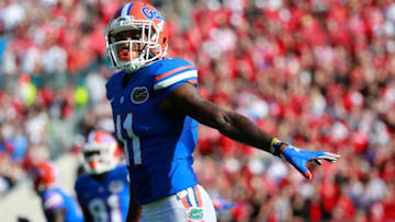 Oct 31, 2015; Jacksonville, FL, USA; Florida Gators wide receiver Demarcus Robinson (11) during the first quarter at EverBank Stadium. Mandatory Credit: Kim Klement-USA TODAY Sports