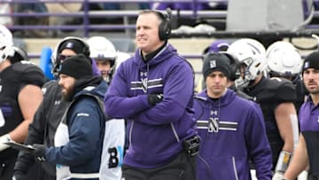 Nov 23, 2019; Evanston, IL, USA; Northwestern Wildcats head coach Pat Fitzgerald stands on the sidelines in a game against the Minnesota Golden Gophers during the first half at Ryan Field. Mandatory Credit: David Banks-USA TODAY Sports