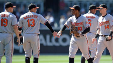 Jun 29, 2016; San Diego, CA, USA; The Baltimore Orioles celebrate a 12-6 win over the San Diego Padres at Petco Park. Mandatory Credit: Jake Roth-USA TODAY Sports