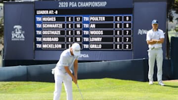 SAN FRANCISCO, CALIFORNIA - AUGUST 08: Jordan Spieth of the United States watches Justin Thomas of the United States putt on the 14th green during the third round of the 2020 PGA Championship at TPC Harding Park on August 08, 2020 in San Francisco, California. (Photo by Harry How/Getty Images)