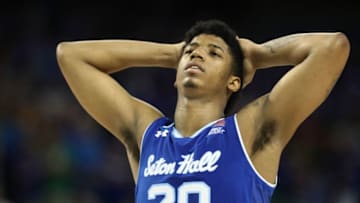 WICHITA, KS - MARCH 17: Desi Rodriguez #20 of the Seton Hall Pirates reacts against the Kansas Jayhawks in the second half during the second round of the 2018 NCAA Men's Basketball Tournament at INTRUST Bank Arena on March 17, 2018 in Wichita, Kansas. The Kansas Jayhawks won 83-79. (Photo by Jamie Squire/Getty Images)