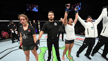 MONCTON, NB - OCTOBER 27: Talita Bernardo of Brazil reacts after her decision victory over Sarah Moras of Canada in their women's bantamweight bout during the UFC Fight Night event inside Avenir Centre on October 27, 2018 in Moncton, New Brunswick, Canada. (Photo by Jeff Bottari/Zuffa LLC/Zuffa LLC via Getty Images)