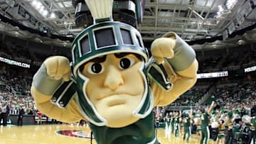 Jan 20, 2016; East Lansing, MI, USA; Michigan State Spartans mascot performs during the 1st half of a game at Jack Breslin Student Events Center. Mandatory Credit: Mike Carter-USA TODAY Sports