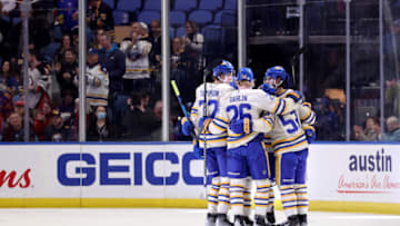 Mar 25, 2022; Buffalo, New York, USA; Buffalo Sabres left wing Jeff Skinner (53) celebrates his goal with teammates during the first period against the Washington Capitals at KeyBank Center. Mandatory Credit: Timothy T. Ludwig-USA TODAY Sports