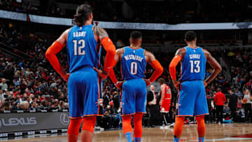 OKC Thunder Steven Adams, Russell Westbrook and Paul George. (Photo by Jeff Haynes/NBAE via Getty Images)