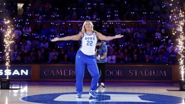 DURHAM, NC - OCTOBER 21: Shay Bollin #22 of the Duke Blue Devils is introduced during Countdown to Craziness at Cameron Indoor Stadium on October 21, 2022 in Durham, North Carolina. (Photo by Lance King/Getty Images)