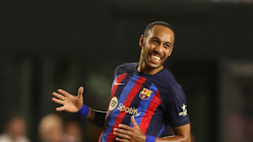 FORT LAUDERDALE, FL - JULY 19: Pierre-Emerick Aubameyang of FC Barcelona during the pre season friendly between Inter Miami CF and FC Barcelona at DRV PNK Stadium on July 19, 2022 in Fort Lauderdale, Florida. (Photo by James Williamson - AMA/Getty Images)