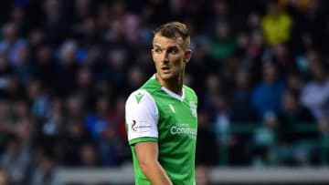 EDINBURGH, SCOTLAND - JULY 30: Christian Doidge of Hibernian in action during the Pre-Season Friendly match between Hibernian FC and Newcastle United FC at Easter Road on July 30, 2019 in Edinburgh, Scotland. (Photo by Mark Runnacles/Getty Images)