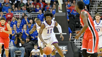 Nov 22, 2016; Kansas City, MO, USA; Kansas Jayhawks guard Josh Jackson (11) dribbles down court during the first half against the Georgia Bulldogs at Sprint Center. Kansas won 65-54. Mandatory Credit: Denny Medley-USA TODAY Sports