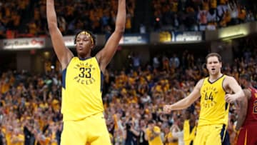 INDIANAPOLIS, IN - APRIL 20: Myles Turner #33 and Bojan Bogdanovic #44 of the Indiana Pacers celebrate at the end of game three of the NBA Playoffs against the Cleveland Cavaliers at Bankers Life Fieldhouse on April 20, 2018 in Indianapolis, Indiana. The Pacers won 92-90. NOTE TO USER: User expressly acknowledges and agrees that, by downloading and or using the photograph, User is consenting to the terms and conditions of the Getty Images License Agreement. (Photo by Joe Robbins/Getty Images)