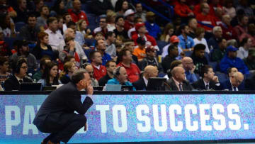 Mar 18, 2016; St. Louis, MO, USA; Pittsburgh Panthers head coach Jamie Dixon looks on during the second half of the game in the first round against the Wisconsin Badgers in the 2016 NCAA Tournament at Scottrade Center. Mandatory Credit: Jeff Curry-USA TODAY Sports