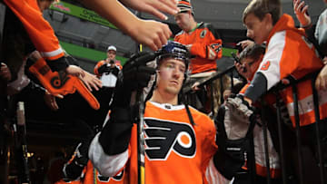 PHILADELPHIA, PA - OCTOBER 16: Robert Hagg #8 of the Philadelphia Flyers enters the ice surface for warm-ups against the Florida Panthers on October 16, 2018 at the Wells Fargo Center in Philadelphia, Pennsylvania. (Photo by Len Redkoles/NHLI via Getty Images)