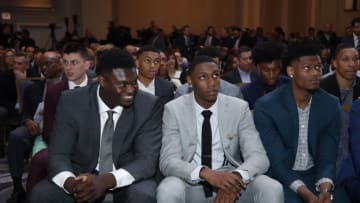 CHICAGO, IL - MAY 14: NBA Draft Prospects Zion Williamson, Cam Reddish and RJ Barrett look on at the 2019 NBA Draft Lottery on May 14, 2019 at the Chicago Hilton in Chicago, Illinois. NOTE TO USER: User expressly acknowledges and agrees that, by downloading and/or using this photograph, user is consenting to the terms and conditions of the Getty Images License Agreement. Mandatory Copyright Notice: Copyright 2019 NBAE (Photo by Jeff Haynes/NBAE via Getty Images)