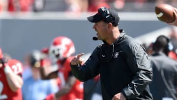 Sep 20, 2014; Athens, GA, USA; Georgia Bulldogs defensive coordinator Jeremy Pruitt coaches against the Troy Trojans during the second half at Sanford Stadium. Georgia defeated Troy 66-0. Mandatory Credit: Dale Zanine-USA TODAY Sports