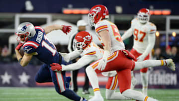 FOXBOROUGH, MASSACHUSETTS - DECEMBER 08: Bashaud Breeland #21 of the Kansas City Chiefs attempts to tackle Julian Edelman #11 of the New England Patriots during the first half in the game at Gillette Stadium on December 08, 2019 in Foxborough, Massachusetts. (Photo by Kathryn Riley/Getty Images)