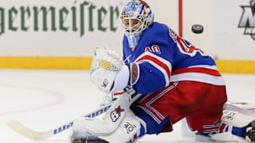 NEW YORK, NY - FEBRUARY 23: New York Rangers Goalie Alexandar Georgiev (40) kicks a shot just wide of the net during the third period of the National Hockey League game between the New Jersey Devils and the New York Rangers on February 23, 2019 at Madison Square Garden in New York, NY. (Photo by Joshua Sarner/Icon Sportswire via Getty Images)