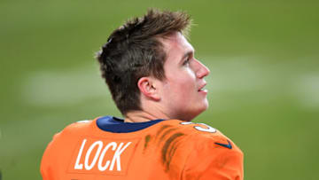 Jan 3, 2021; Denver, Colorado, USA; Denver Broncos quarterback Drew Lock (3) during the fourth quarter against the Las Vegas Raiders at Empower Field at Mile High. Mandatory Credit: Ron Chenoy-USA TODAY Sports