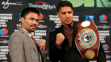 BEVERLY HILLS, CA - SEPTEMBER 08: Welterweight Manny Pacquiao and Jessie Vargas pose after a press conference at the Beverly Hills Hotel on September 8, 2016 in Beverly Hills, California. (Photo by Josh Lefkowitz/Getty Images)