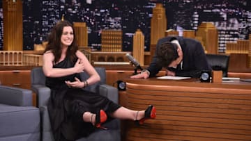 NEW YORK, NY - APRIL 17: Anne Hathaway Visits "The Tonight Show Starring Jimmy Fallon" at Rockefeller Center on April 17, 2017 in New York City. (Photo by Theo Wargo/Getty Images for NBC)