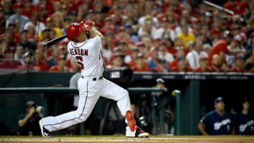 WASHINGTON, DC - OCTOBER 01: Anthony Rendon #6 of the Washington Nationals pops out against Brandon Woodruff #53 of the Milwaukee Brewers during the first inning in the National League Wild Card game at Nationals Park on October 01, 2019 in Washington, DC. (Photo by Will Newton/Getty Images)