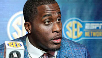 Auburn footballJul 21, 2022; Atlanta, GA, USA; Auburn Tigers player Derick Hall answers questions during SEC Media Days at the College Football Hall of Fame. Mandatory Credit: Dale Zanine-USA TODAY Sports