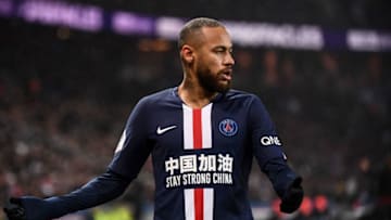 A slogan pertaining to China is seen on the jersey of Paris Saint-Germain's Brazilian forward Neymar during the French L1 football match between Paris Saint-Germain (PSG) and Girondins de Bordeaux at the Parc des Princes stadium in Paris, on February 23, 2020. (Photo by FRANCK FIFE / AFP) (Photo by FRANCK FIFE/AFP via Getty Images)