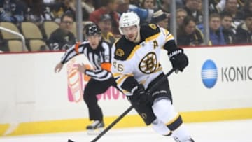 Dec 18, 2015; Pittsburgh, PA, USA; Boston Bruins center David Krejci (46) skates with the puck against the Pittsburgh Penguins during the first period at the CONSOL Energy Center. Mandatory Credit: Charles LeClaire-USA TODAY Sports