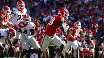 Apr 16, 2016; Athens, GA, USA; Georgia Bulldogs running back Shaquery Wilson (28) runs for a touchdown during the second half of the spring game at Sanford Stadium. The Black team defeated the Red team 34-14. Mandatory Credit: Brett Davis-USA TODAY Sports