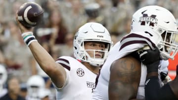 COLLEGE STATION, TEXAS - OCTOBER 02: Will Rogers #2 of the Mississippi State Bulldogs drops back for a pass against the Texas A&M Aggies at Kyle Field on October 02, 2021 in College Station, Texas. (Photo by Bob Levey/Getty Images)