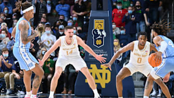 Jan 5, 2022; South Bend, Indiana, USA; Notre Dame Fighting Irish forward Nate Laszewski (14) yells to his teammates in the second half against the North Carolina Tar Heels at the Purcell Pavilion. Mandatory Credit: Matt Cashore-USA TODAY Sports