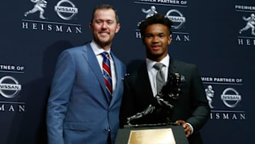 NEW YORK, NY - DECEMBER 08: Kyler Murray and head coach Lincoln Riley of the Oklahoma Sooners poses for a photo after winning the 2018 Heisman Trophy on December 8, 2018 in New York City. (Photo by Mike Stobe/Getty Images)