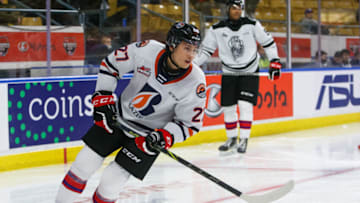 KITCHENER, ONTARIO - MARCH 23: Mats Lindgren #26 of Team White skates against Team Red in the 2022 CHL/NHL Top Prospects Game at Kitchener Memorial Auditorium on March 23, 2022 in Kitchener, Ontario. (Photo by Chris Tanouye/Getty Images)