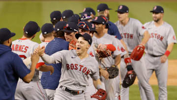 Oct 3, 2021; Washington, District of Columbia, USA; Boston Red Sox players celebrate clinching a Wild Card berth after the final out against the Washington Nationals at Nationals Park. Mandatory Credit: Geoff Burke-USA TODAY Sports