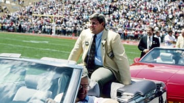 Jul 27, 1991; Canton, OH, USA; FILE PHOTO; New England Patriots former tackle John Hannah prior to the 1991 Hall of Fame game at Fawcett Stadium. Mandatory Credit: USA TODAY Sports