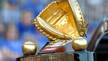 Kansas City Royals catcher Salvador Perez's Gold Glove award before a game against the Los Angeles Angels at Kauffman Stadium in Kansas City, Mo., on Friday, April 14, 2017. (John Sleezer/Kansas City Star/TNS via Getty Images)