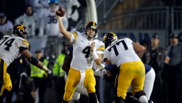STATE COLLEGE, PA - OCTOBER 27: Nate Stanley #4 of the Iowa Hawkeyes passes against the Penn State Nittany Lions on October 27, 2018 at Beaver Stadium in State College, Pennsylvania. (Photo by Justin K. Aller/Getty Images)