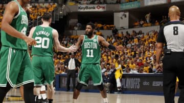 INDIANAPOLIS, IN - APRIL 21: Kyrie Irving #11, and Gordon Hayward #20 of the Boston Celtics hi-five each other during Game Four of Round One of the 2019 NBA Playoffs against the Indiana Pacers on April 21, 2019 at Bankers Life Fieldhouse in Indianapolis, Indiana. NOTE TO USER: User expressly acknowledges and agrees that, by downloading and or using this photograph, User is consenting to the terms and conditions of the Getty Images License Agreement. Mandatory Copyright Notice: Copyright 2019 NBAE (Photo by Jeff Haynes/NBAE via Getty Images)