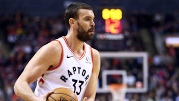 TORONTO, ON - DECEMBER 03: Marc Gasol #33 of the Toronto Raptors passes the ball during the second half of an NBA game against the Miami Heat at Scotiabank Arena on December 03, 2019 in Toronto, Canada. NOTE TO USER: User expressly acknowledges and agrees that, by downloading and or using this photograph, User is consenting to the terms and conditions of the Getty Images License Agreement. (Photo by Vaughn Ridley/Getty Images)