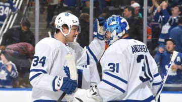 EDMONTON, AB - DECEMBER 14: Auston Matthews #34 and Frederik Andersen #31 of the Toronto Maple Leafs celebrate after winning the game against the Edmonton Oilerson December 14, 2019, at Rogers Place in Edmonton, Alberta, Canada. (Photo by Andy Devlin/NHLI via Getty Images)