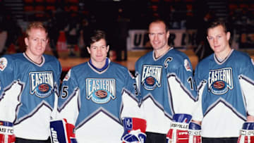 NEW YORK, NY - JANUARY 22: Mark Messier #11, goalie Mike Richter #35, Brian Leetch #2 and Adam Graves #9 of the Eastern Conference and the New York Rangers pose before the 1994 45th NHL All-Star Game against the Western Conference on January 22, 1994 at the Madison Square Garden in New York, New York. The Eastern Conference defeated the Western Conference 9-8. (Photo by Steve Babineau/NHLI via Getty Images)