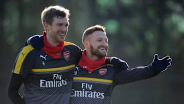ST ALBANS, ENGLAND - JANUARY 21: (L-R) Per Mertesacker Shkodran Mustafi of Arsenal during a training session at London Colney on January 21, 2017 in St Albans, England. (Photo by Stuart MacFarlane/Arsenal FC via Getty Images)
